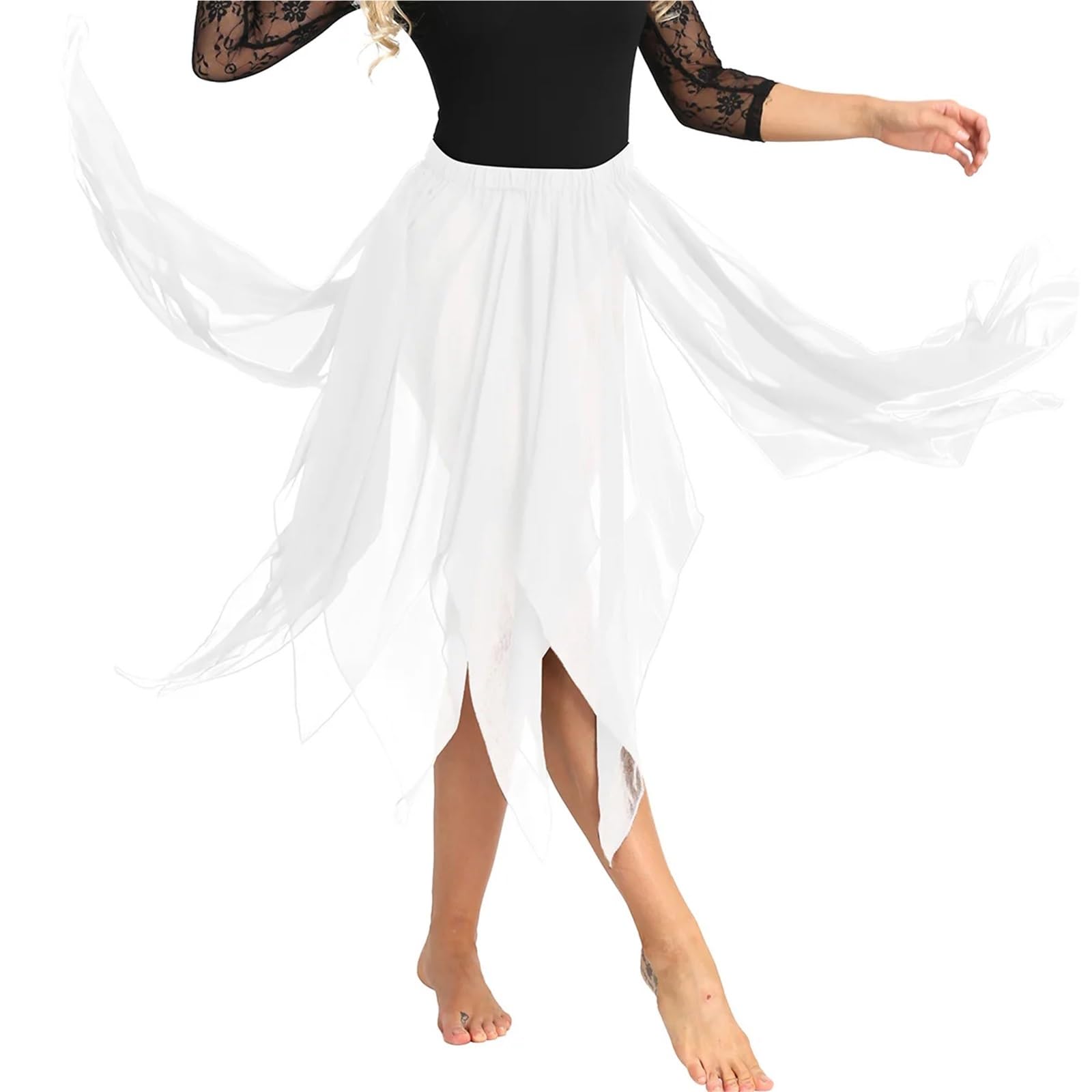 TRRYUIP Belly Dance Skirt Women Chiffon Belly Ballroom Dance Dancewear Elegant Mid-Long Latin Asymmetrical Hem Skirts(White B)