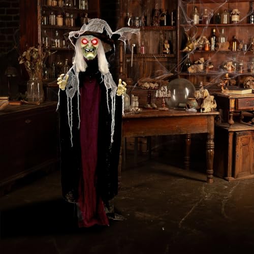 Haunted Hill Farm Life-Size Poseable Scary Talking Witch, Halloween Animatronic with Touch Activated Lights and Sound, Battery Operated Indoor or Covered Outdoor Halloween Decorations, Fright Props