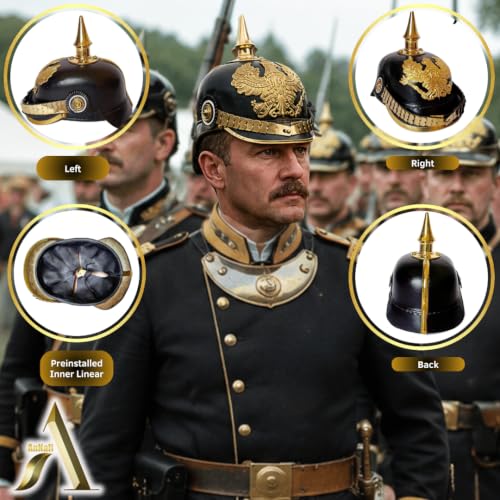 Image of AnNafi German Pickelhaube Spike Helmet, Leather Pickelhaube Imperial Prussian Helmet, Brass Military Officer Men's Costume, WWI & WWII Helmets Replica LARP Re-Enactment Party Cosplay Costumes