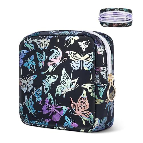 Image of Likesing Period Bag Pouch, Leather Sanitary Napkin Storage Bag for Girls Womens, Portable Sanitary Napkin Period Pad Pouch Bag for Purse (Black-Dancing Butterfly)
