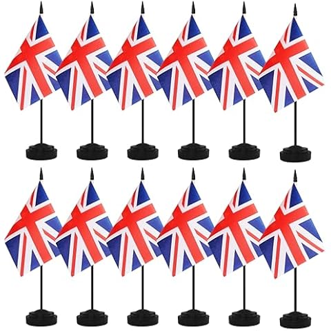 Yamiuo 12 Pack UK Desk Flags, Britain Desktop Flag, Small Miniature Office Flags with 12" Black Pole and Black Base, Offices, Classroom, Home, Festival Decoration (UK) Cover
