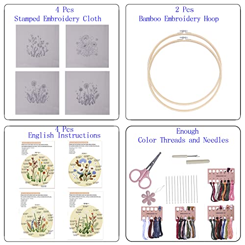 Image of Bonroy 4 Sets Embroidery Set for Beginners, Art Craft, Easy Sewing Embroidery Kit Includes Embroidered Clothes with Patterns, Embroidery Hoops, Instruction Manual, Colorful Stitch Set (2 Most)