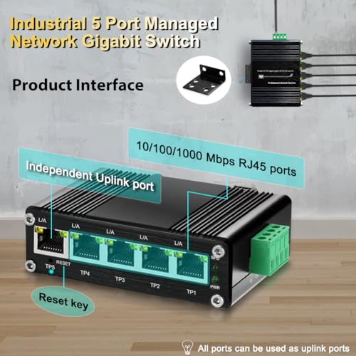 Image of Mini Managed Industrial 5-Port Gigabit Ethernet Switch Solar Power 5x10 /100 /1000BASE-T RJ45 Switch Support Web Management,QoS,Vlan Din Rail /Wall Mount Easy Smart Managed Network Switch