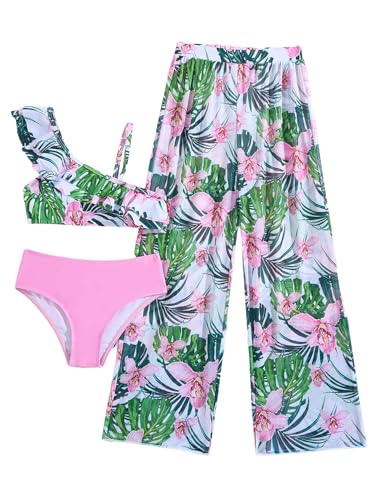 SweatyRocks Girl's 3 Piece Swimsuit Boho Floral Print Ruffled Bikini Top and Mesh Cover Up Pants Bathing Suit