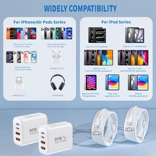 Image of iPhone 17 Charger Fast Charging,2Pack 60W Multiport Power Adapter 4-Port USB-C USB-A iPhone Charger Block with 10FT USB C to C Charger Cable Cord for Apple iPhone17 Pro Max /17e /16e /16Pro /15Plus,iPad