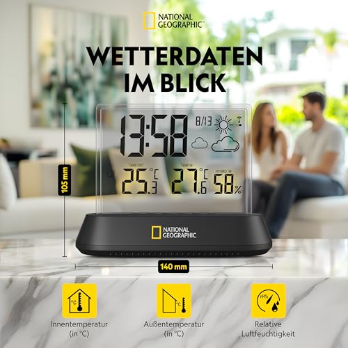 Miniatura 2 de National Geographic Estación meteorológica radiocontrolada con sensor exterior en diseño transparente, con pantalla para temperatura y humedad y visualización de tendencias meteorológicas