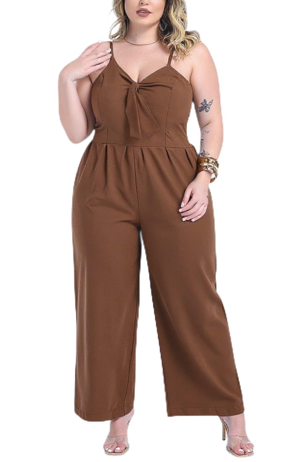 Macacão Longo Plus Size Feminino de Alcinha com Decote e Detalhe de Laço Sig Estilo Costas em Lastex e Barra Pantacourt