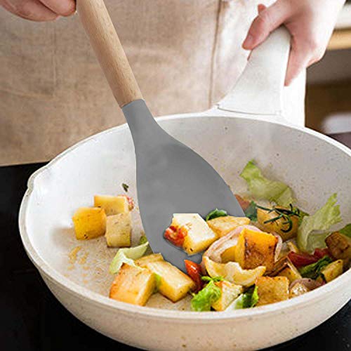 Image of Non-Stick Silicone Cooking Utensils Set with Natural Acacia Hard Wood Handle, High Heat Resistant Grey Pack of 5