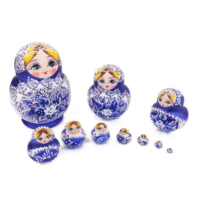 Poupées Russes Série de 10 pièces/Poupées Russes Matriochkas en Bois Peints- Bleu
