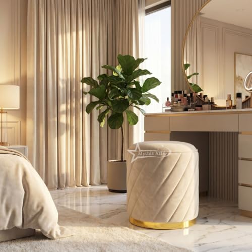 Image of Ottoman Stool, Puffy Stool, Sitting Stool, Modern Upholstered Round Ottoman, Dressing Table for Living-Cream