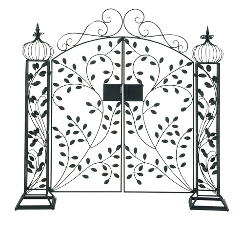 Deco 79 Metal Indoor Outdoor Scrollwork Arched Gate Garden Arbor with Vines and Latch Lock Closure, 70' x 15' x 65', Black