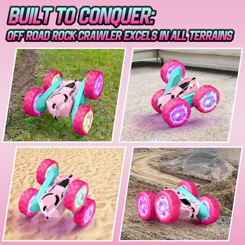 Image of Hamdol Pink Remote Control Car for Girls, Double Sided with Shining Headlights & Wheel Lights, Girl Princess Toys, Rechargeable Toy Car for 6-7 6-8 9 10-12 Year Old Girls Birthday, Valentines Gift