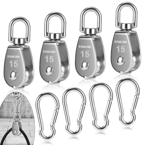 4 Stück Umlenkrolle M15 mit 4 Stück Karabiner M5, 304 Umlenkrolle Edelstahl, 35kg Tragende Umlenkrollen für Seile, Seilrolle zum Heben von Waren, Arbeiten in der Höhe, Outdoor-Sport
