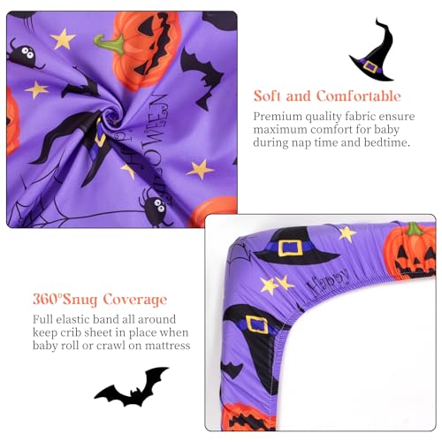 Image of JISEN Halloween Crib Sheet Soft Breathable Cat Pumpkin Fitted Crib Sheets for Standard Crib and Toddler Mattress Baby Bed Sheets for Boys Girls Neutral 52x28 Inch Purple