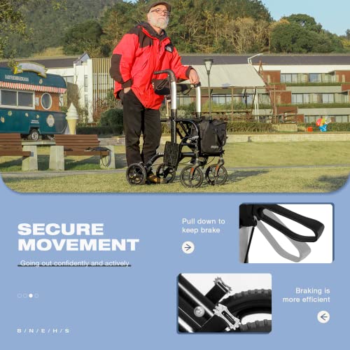 Bnehs Rollator Walker With Seat For Seniors, Transport Wheelchairs With Thickened Brake Pads For Adults, 2-In-1 Rolling Walkers Folding Mobility Aid Chair, Black #TOP6