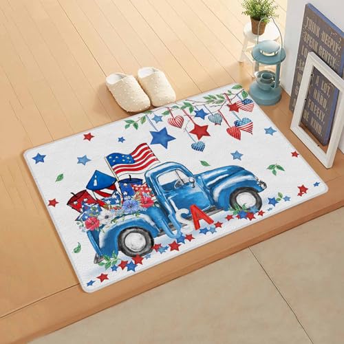 Patriotic Blue Truck Antifatigue Kitchen Bath Door Mat Cushioned Runner Rug,Washable Welcome Floor Sink Mat,Waterproof Non-Slip Kitchen Standing Doormat,Star Love Eucalyptus 4th of July Floral 24