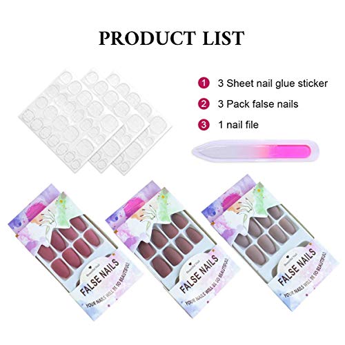 72 Pcs (3 Packs) Coffin Matte Press on Nails, Ballerina Professional Nail Art Tips Set, Medium False Nails, DIY Acrylic Fake Nails with Nail Adhesive Tabs for Women(Rose, Camel & Dark Red)