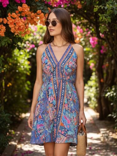 Image of KE KANHA EXPORTS Convertible Halter Short Dresses|Beach Wear Dress for Women|Backless Dress Women|2-in-1 Skirt One Shoulder|Easily fits S-M-L|Bust 30-36 in|Length 40 in|Boho Free Scrunchie Included