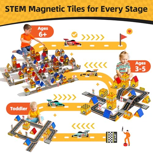 GobiDex Magnetic Tiles Road Set Car Toys, Truck Race Track Magnet Tiles Building Blocks for Toddlers STEM Construction Preschool Toys for Kids Ages 3-5 4-8, 3+ Years Old Boys Girls Birthday Gifts Toys
