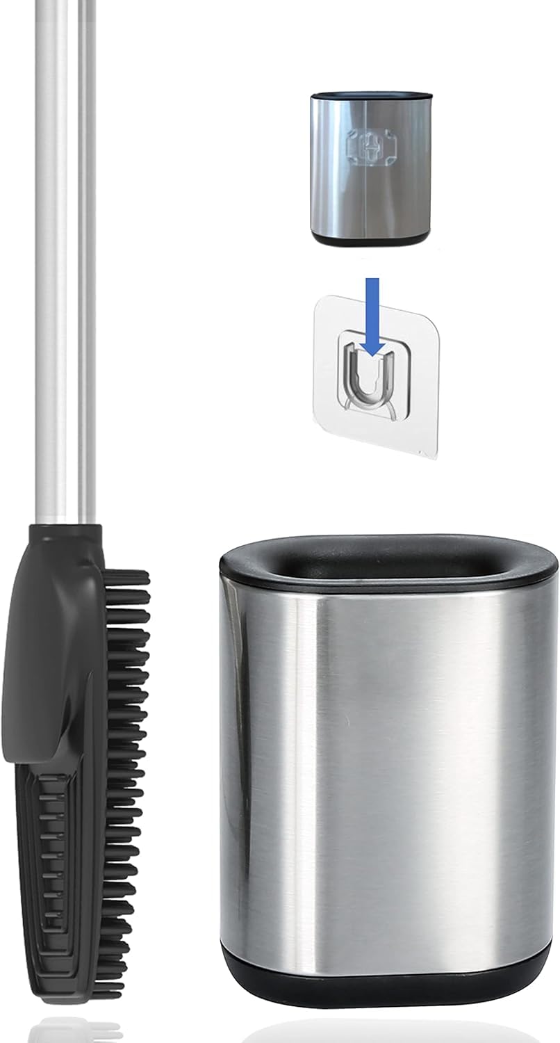 Scopino WC 3 In 1 In Silicone - Con Portascopino, Raschietto E Supporto A Parete, Nero, Igienico - Foto 9