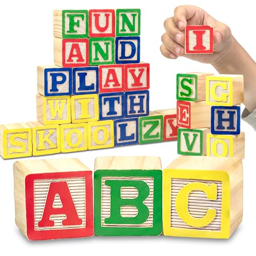 Image of Skoolzy Wooden Alphabet Blocks - 26 ABC Wooden Blocks for Toddlers - Wood Alphabet Stacking Toys - Alphabet Learning Toys Ages 2 +