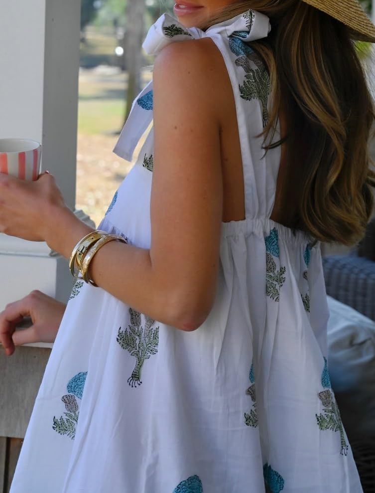 Image of Women Tie Shoulder Mini Dress Floral Ruffle Babydoll Dress Boho Square Neck Sundress Cute Summer Dresses