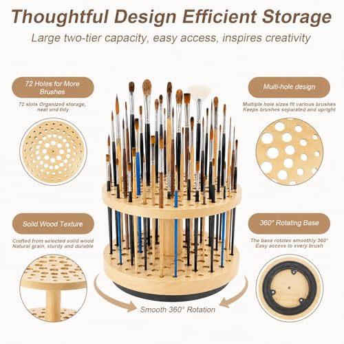 Image of 72 Hole 360 Rotating Hardwood Paint Brush Holder Organizer