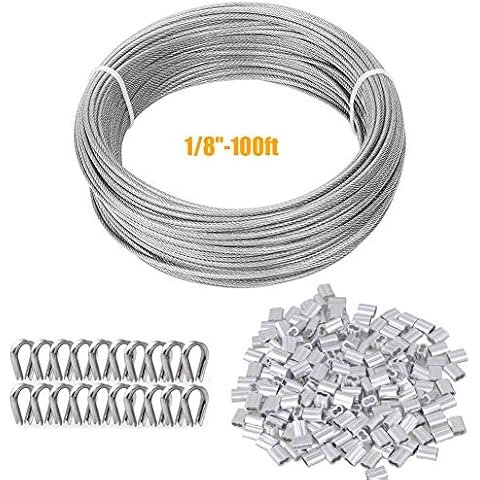 TooTaci Drahtseil 3mm Edelstahl,Edelstahlseil 3mm/30M Stahlseil ummantelt,Stahlseil mit ösen,Aluminium Crimphülsen,3mm Drahtseil Kauschen,Spanndraht für Zaun,Gardinenseil,Suspension,Rankhilfe seil Cover