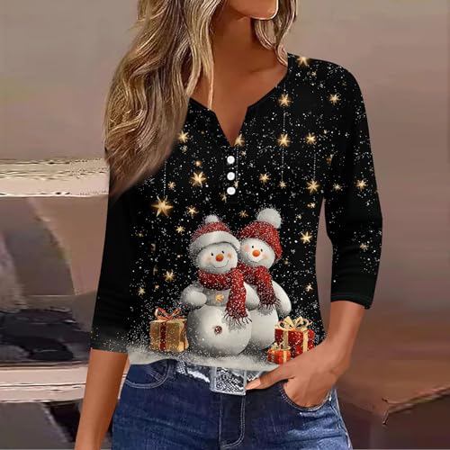 Image of Women Christmas Shirt 3 /4 Length Sleeve Henley Tops Xmas Outfits