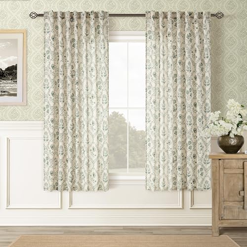 Image of Printed Linen Curtains 63 Inch Length 2 Panels Set Patterned Sage Green | Floral Curtain, Semi Sheer, Living Room Bedroom, Back Tab, Farmhouse, French Country, Flower Plant, Kitchen Window, 52x63
