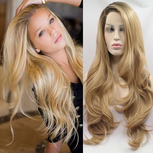 Perruque lace front femme cheveux synthétiques ondulés longs blond châtain Xiweiya