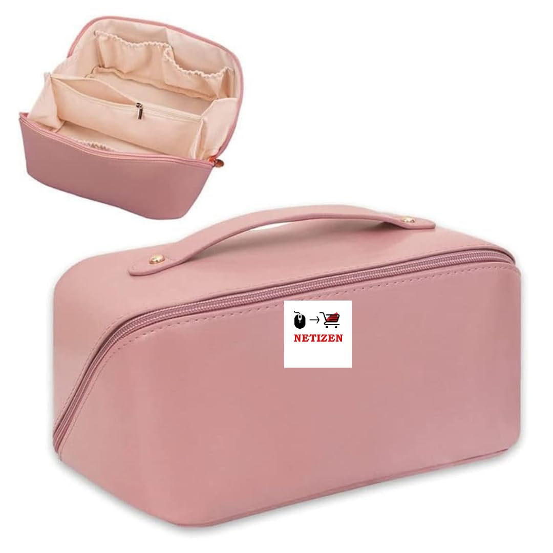 Netizen Travel Makeup Bag, Cosmetic Travel Bag, Double Layer Cosmetic Bag, Compartment Cosmetic Pouch, Leather Makeup Bag for Girls and Women, Makeup Organizer Bag (Pink)