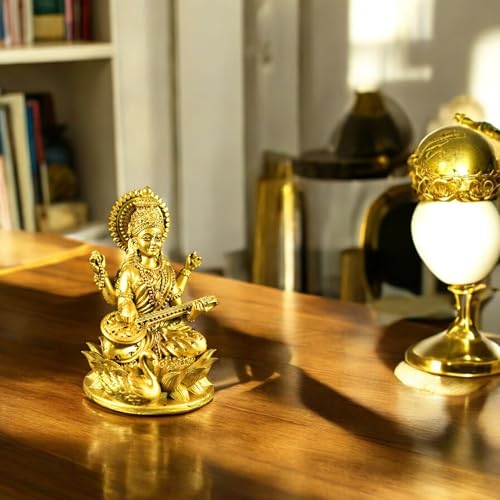 Image of Saraswati Devi Idol 4.5 Inches Material Polystone Statue - Painted Brass, Antique Silver & White Finish Veena Vadini Maa Saraswati Murti Vasant Panchami for Home & Office Decor (Brass)