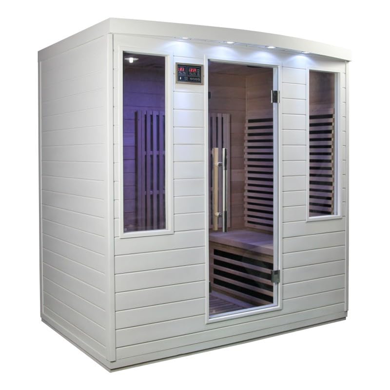 SNÖ Sauna Infrarouge Extérieur 4 Places 3100W Panneaux Carbone Chromothérapie Bluetooth Bois Hemlock Blanc Porte Verre Sécurisé Ionisateur Air 186x185x20cm