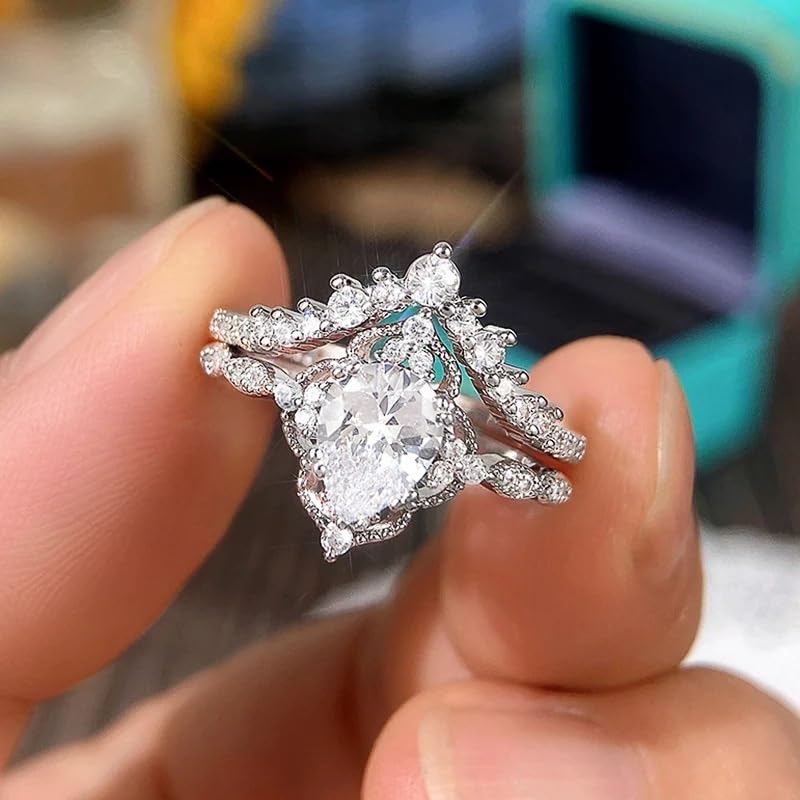 Platinum Plated Teardrop CZ Solitaire Engagement Ring Set Pear-shaped Bridal Rings Sets for Women Wishbone 'V' Cubic Zirconia Stackable Simulated Diamond Eternity Wedding Promise Band 7#2