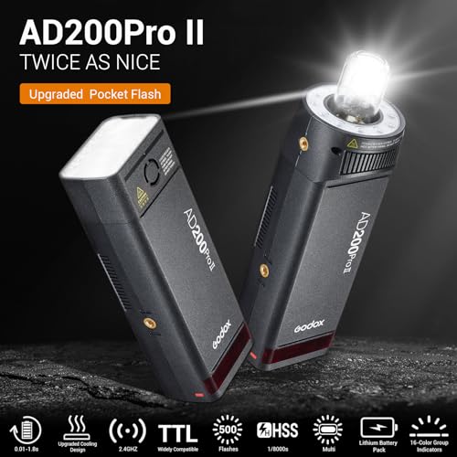 Image of Godox AD200 PRO II Pocket Flash - Upgraded Heads (AD-S2 & Bare Bulb), 200Ws Bi-Color Model Lamp, 2.4G TTL & HSS,One-Tap Pairing with X3 Trigger - Compatible with Canon, Nikon, Sony, Fujifilm, Olympus
