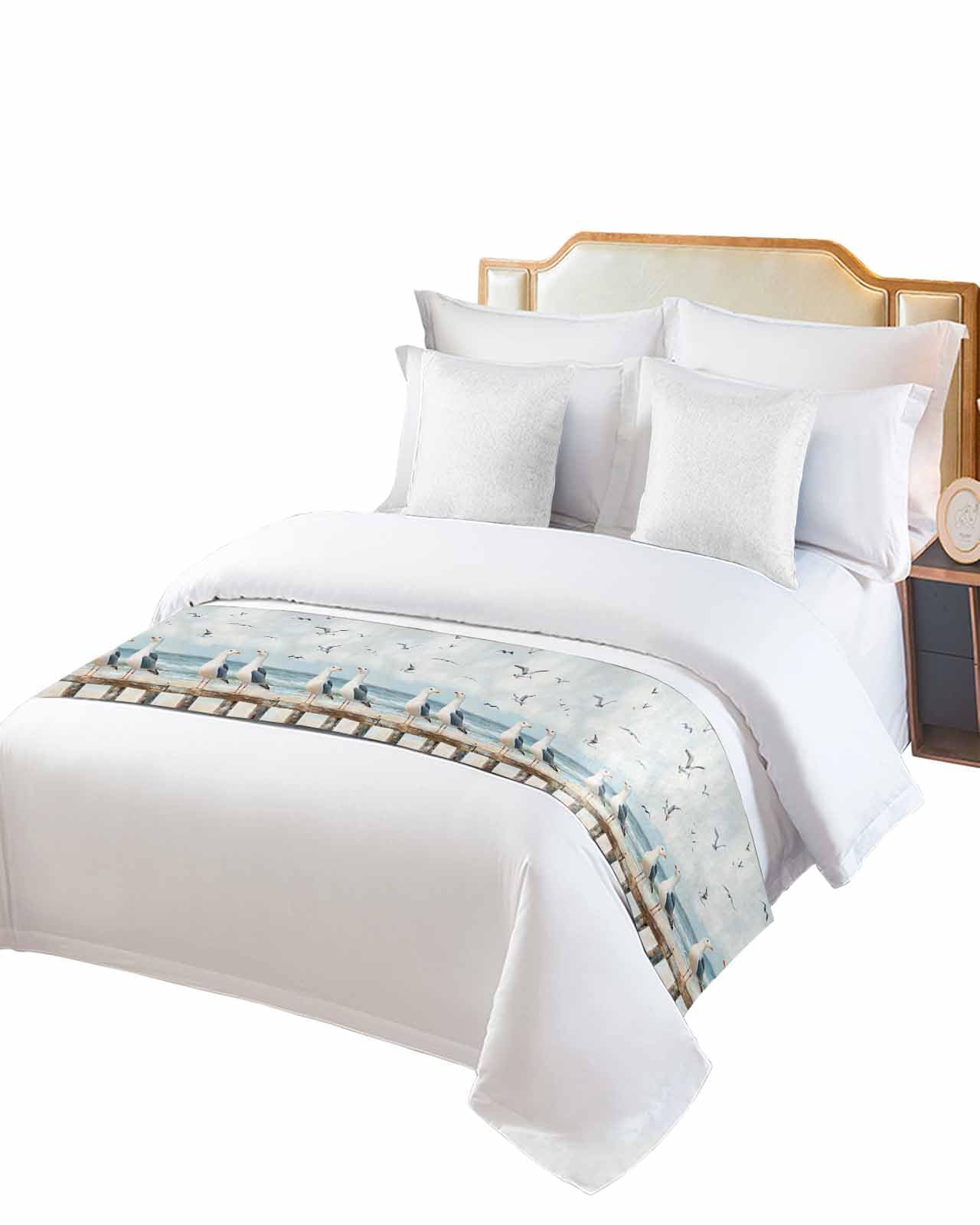 Twin Bed Runner Summer Beach Bird Seagull Bedding Runner Scarves Decorative Bed Scarf, Ombre Ocean Retro Fence Soft Bedding Scarf for Bedroom Hotel Wedding 83x20in