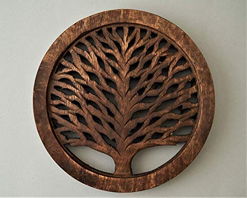 Wooden Trivets For Hot Pots and Pans Tea Pot Holder Tree of Life Design Heat Resistant Durable Handmade Mango Wood Kitchen Dining Table Accessories Dia 8 Inch - Set of 2 Walnut