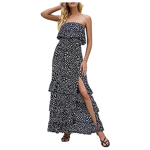 Dress for Women Boho Floral Prints Ruffle Hem Strapless Bohemian Maxi Dresses Floor-Length Sleeveless Tube Sundresses