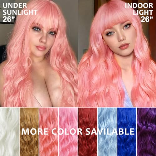 NOSTALGIA Pink Wig with Bangs for Women, 26 Inch Long Wavy Synthetic Wig | Heat Resistant Synthetic Fiber, Trimmable Bangs, Lightweight for Daily Wear, Cosplay, Parties, Festivals, and Halloween - image 6