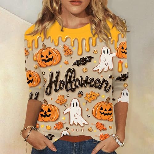 Halloween Shirts for Women 3/4 Sleeve Plus Size Crewneck Loose Fit Cute T Shirt Halloween Costumes for Women 2025