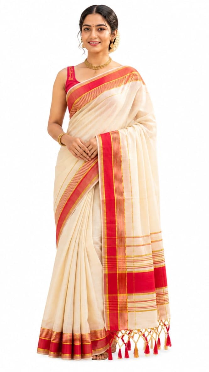 kerala kasavu tissue saree with pink border-image-0
