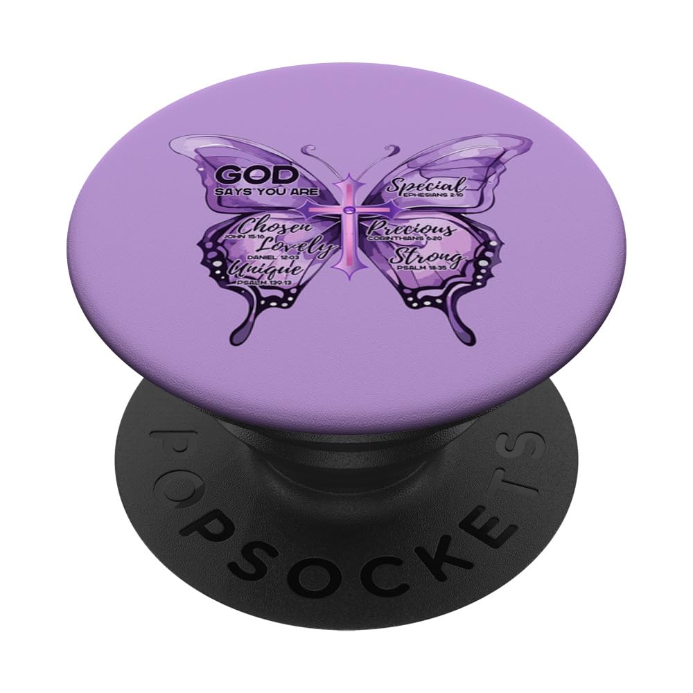 Cross Butterfly Religious Christian Bible Verse Purple PopSockets Adhesive PopGrip