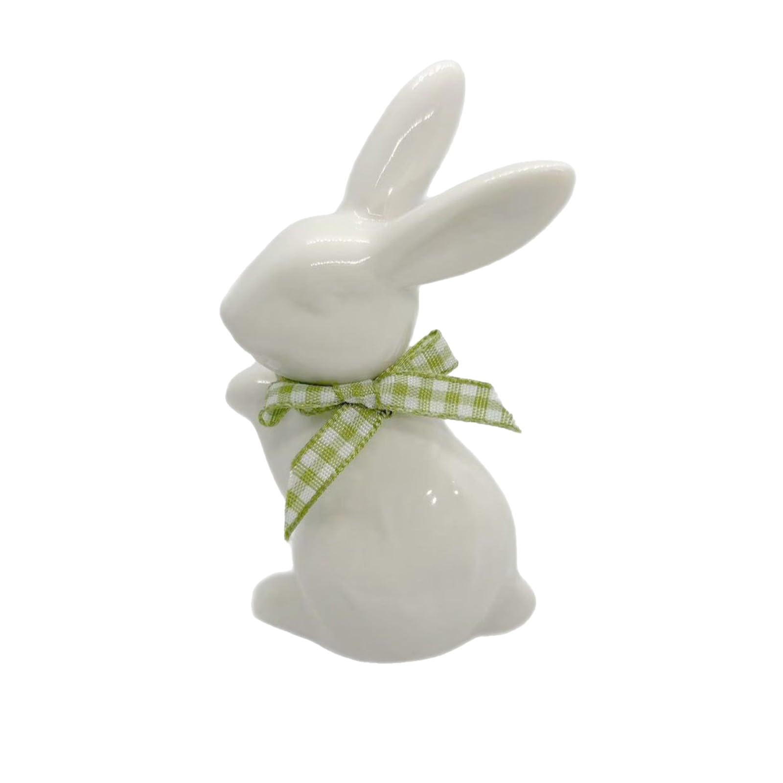 Decorative White Ceramic Bunny Figurine with Green Gingham Bow, 9.5 cm Cute Ceramic Rabbit Ornament, White Ceramic Easter Bunny Ornaments (Green)