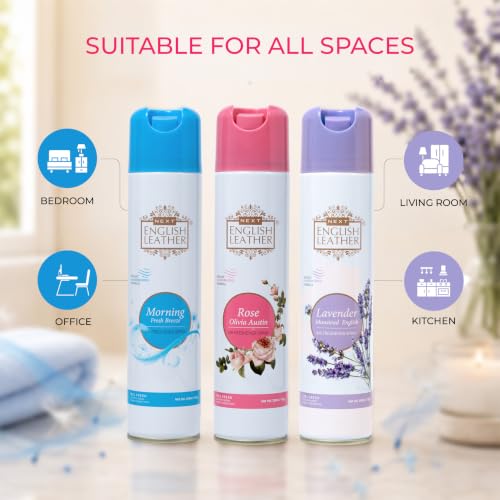 Image of Next Care English Leather Lavender, Rose & Morning Air Freshener Spray for Home, Car & Office - 220 ml Each (Pack of 3) | Room Freshener with Floral & Fresh Fragrances | Odor Reducing Spray Set