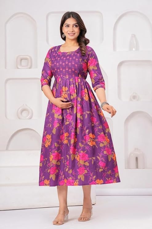 Image of Women Feeding Kurti for Women Cotton Maternity Kurta with Nursing Zip for Pre & Post Pregnancy