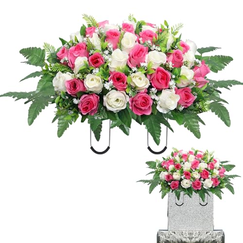 Artificial Cemetery Flowers Saddle,Cemetery Grave Decoration Headstone Flower Saddle Rose Headstone Flower Saddle Outdoor Grave Decorations (Pink) image 3