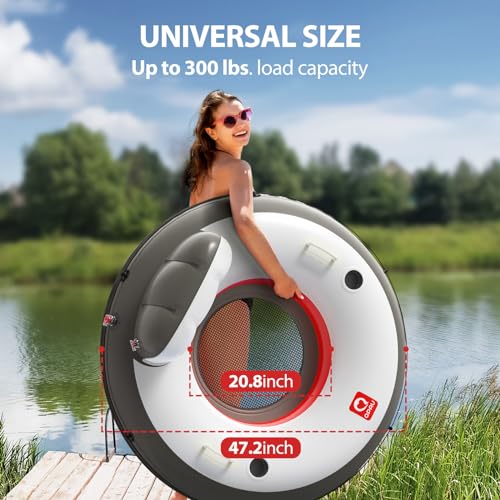 Image of QPAU Inflatable River Tube, 0.4 mm Thickened Puncture-Resistant Heavy Duty River Float, River Raft with Ergonomic Backrest, Mesh Bottom & 2 Cup Holders for Adults and Friends Lake Float
