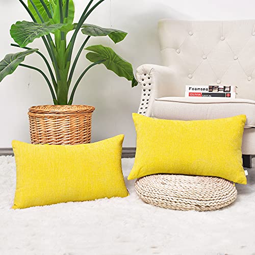Image of CaliTime Pack of 2 Cozy Bolster Pillow Covers Cases for Couch Sofa Home Decoration Solid Dyed Soft Chenille 12 X 20 Inches Bright Yellow
