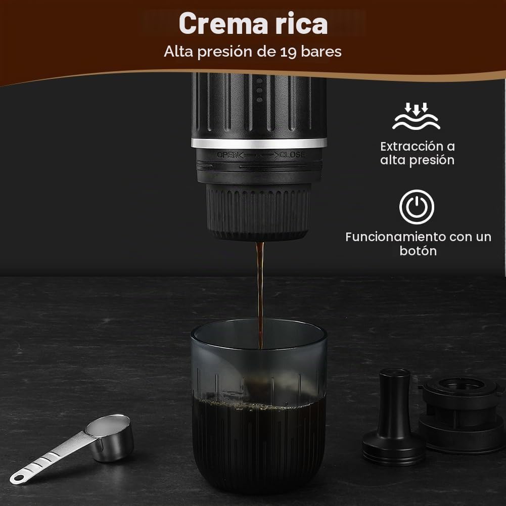 HOTUT Máquina de espresso portátil, 19 bares de presión Máquina de espresso portátil eléctrica con autocalentamiento, 12 V máquina de espresso de viaje pequeña para camping y coche, USB-C recargable